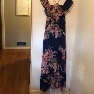 Blue maxi dress with white and pink floral design
